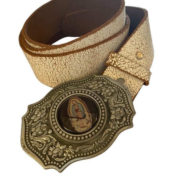 Y2K Great American Pewter Virgin Mary
Buckle & white crackle leather Belt - Picture 1 of 10